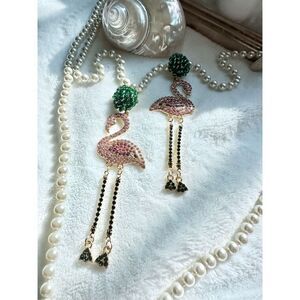 Light pink and green color rhinestone and bead flamingo dangle earrings